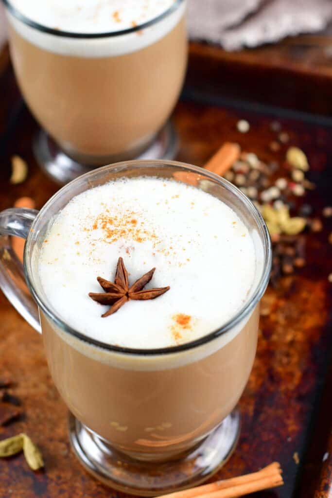 top view of the chai latte in a mug