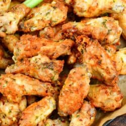 closeup top view of cooked air fryer chicken wings