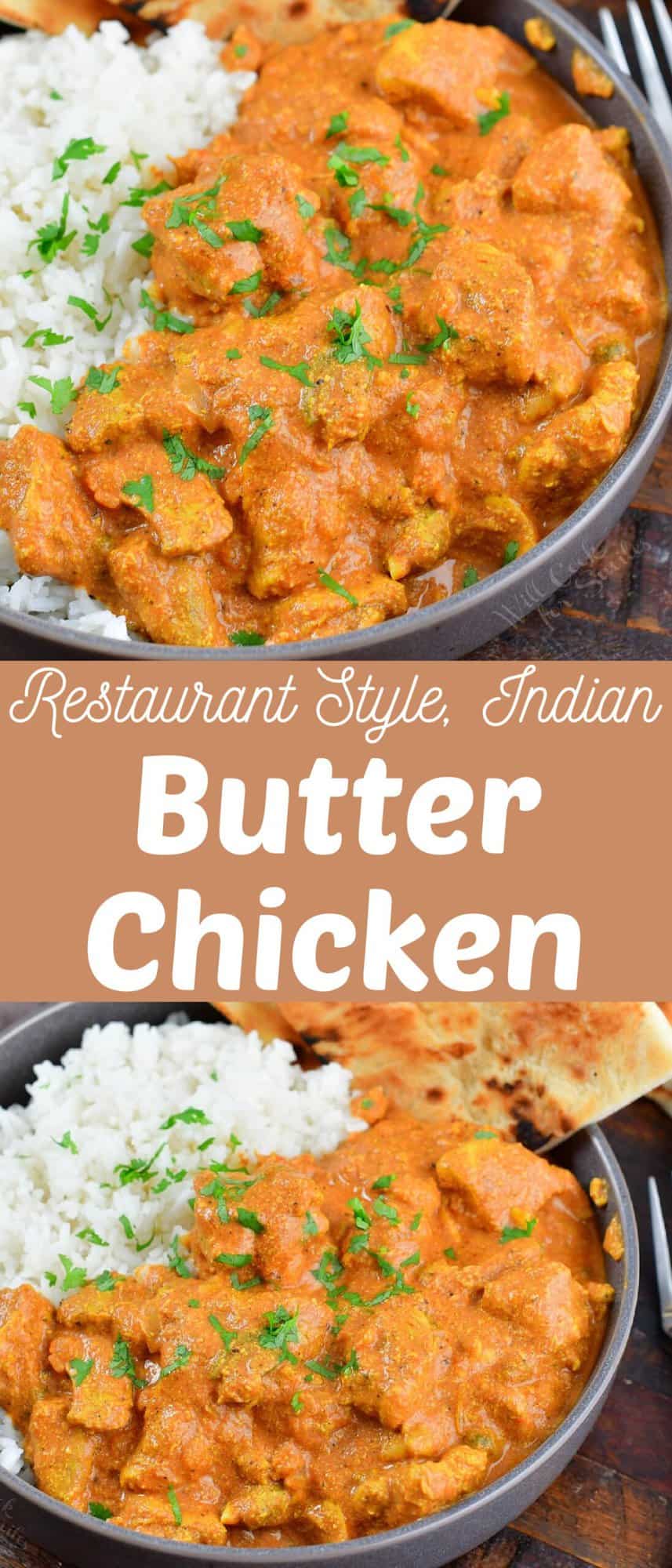 closeup of two images of butter chicken in a bowl