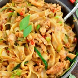 closeup of drunken noodles in a grey bowl