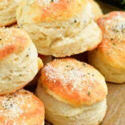 closeup of stacked herb biscuits with parmesan