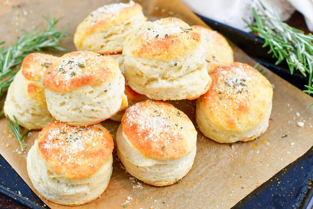 stacked biscuits on the cutting board