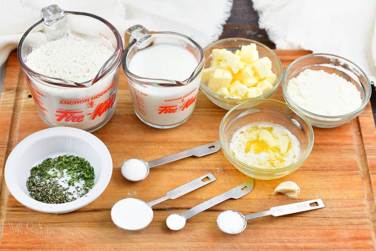 ingredients for herb biscuits on a cutting board