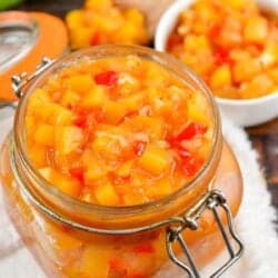 top view of mango chutney in a glass jar