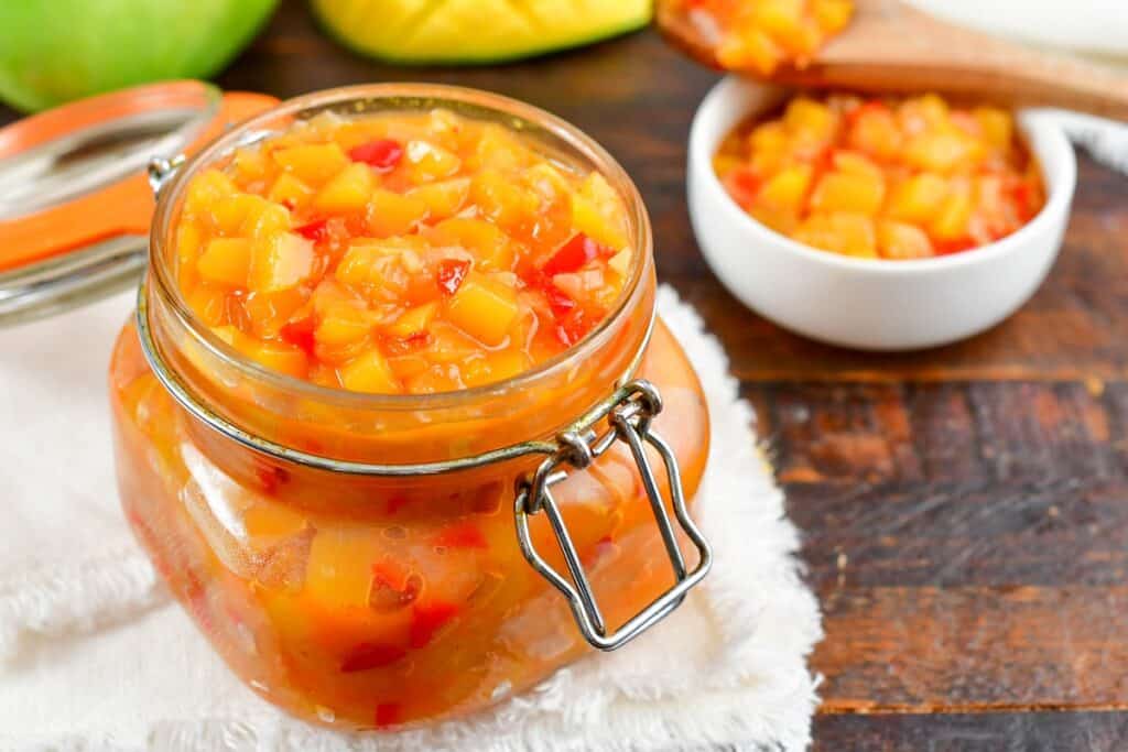 closeup of mango chutney in a glass jar
