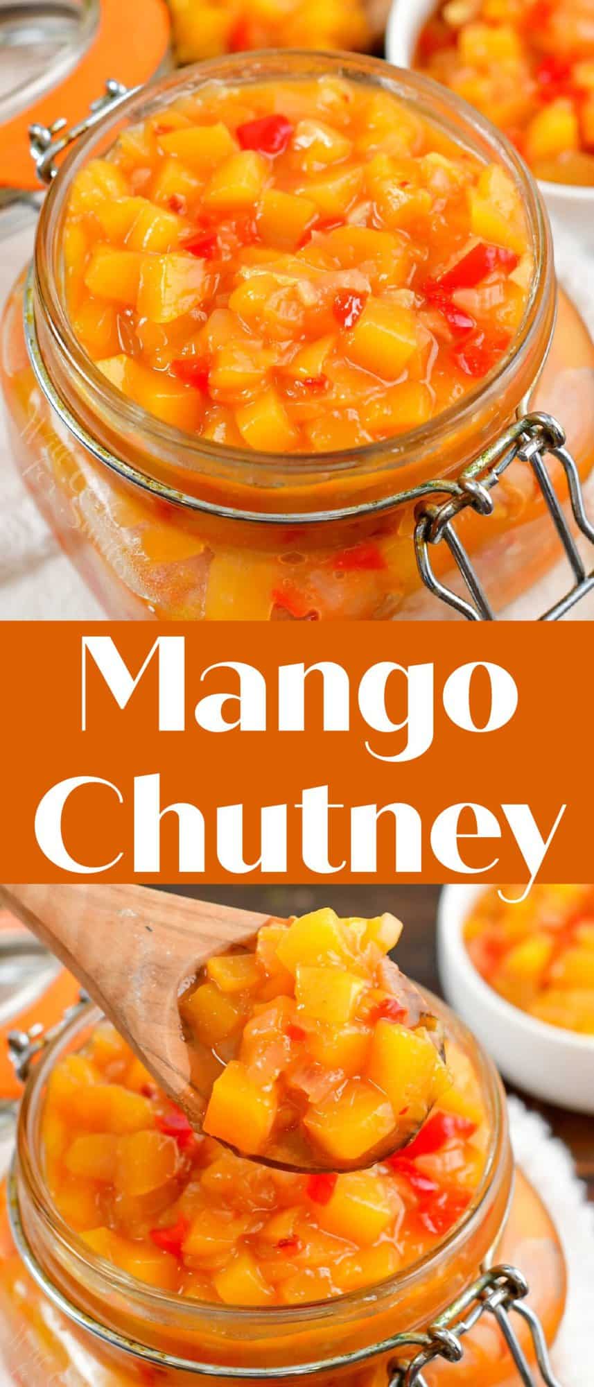collage of two closeup images of mango chutney