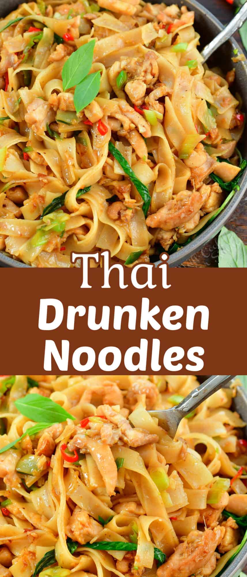 collage of two images of Drunken Noodles in a bowl close up