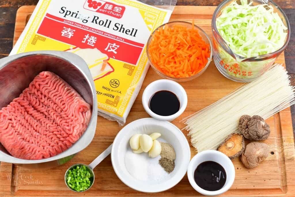 ingredients for Thai spring rolls on a cutting board