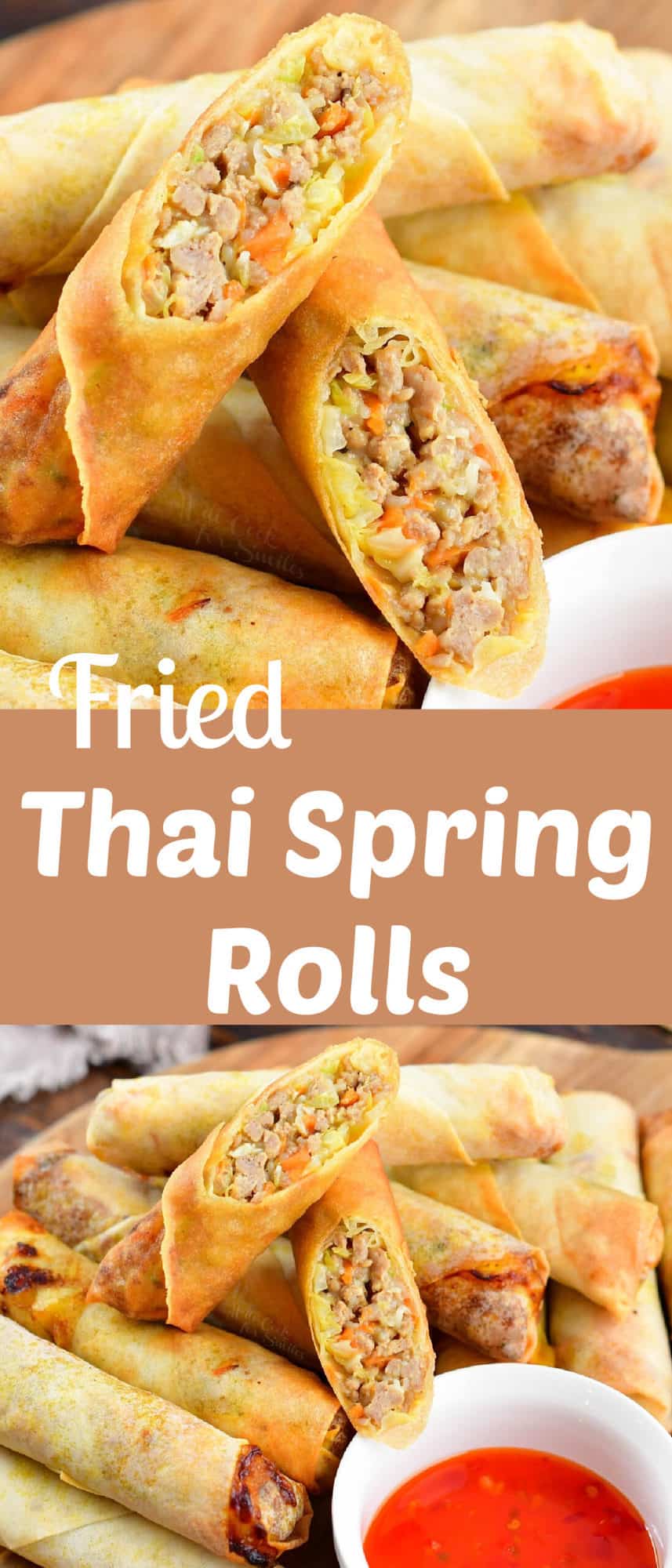 collage of two images of cut Thai spring rolls