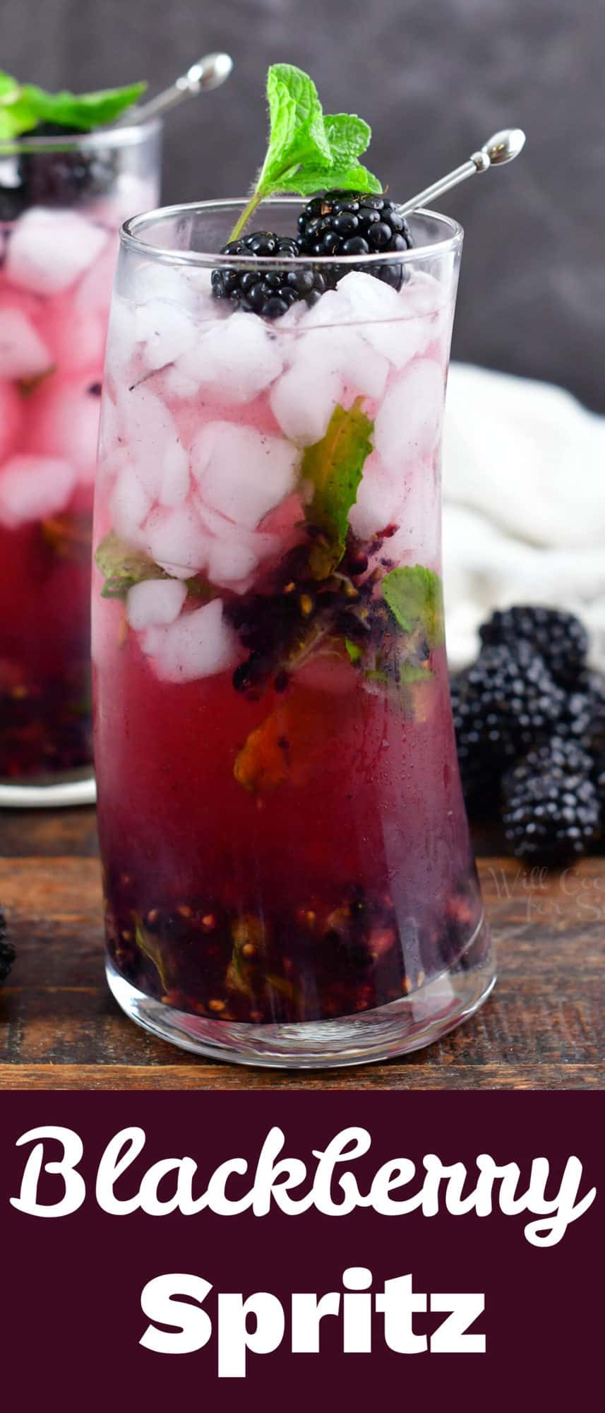 collage of blackberry cocktail in tall glass and title