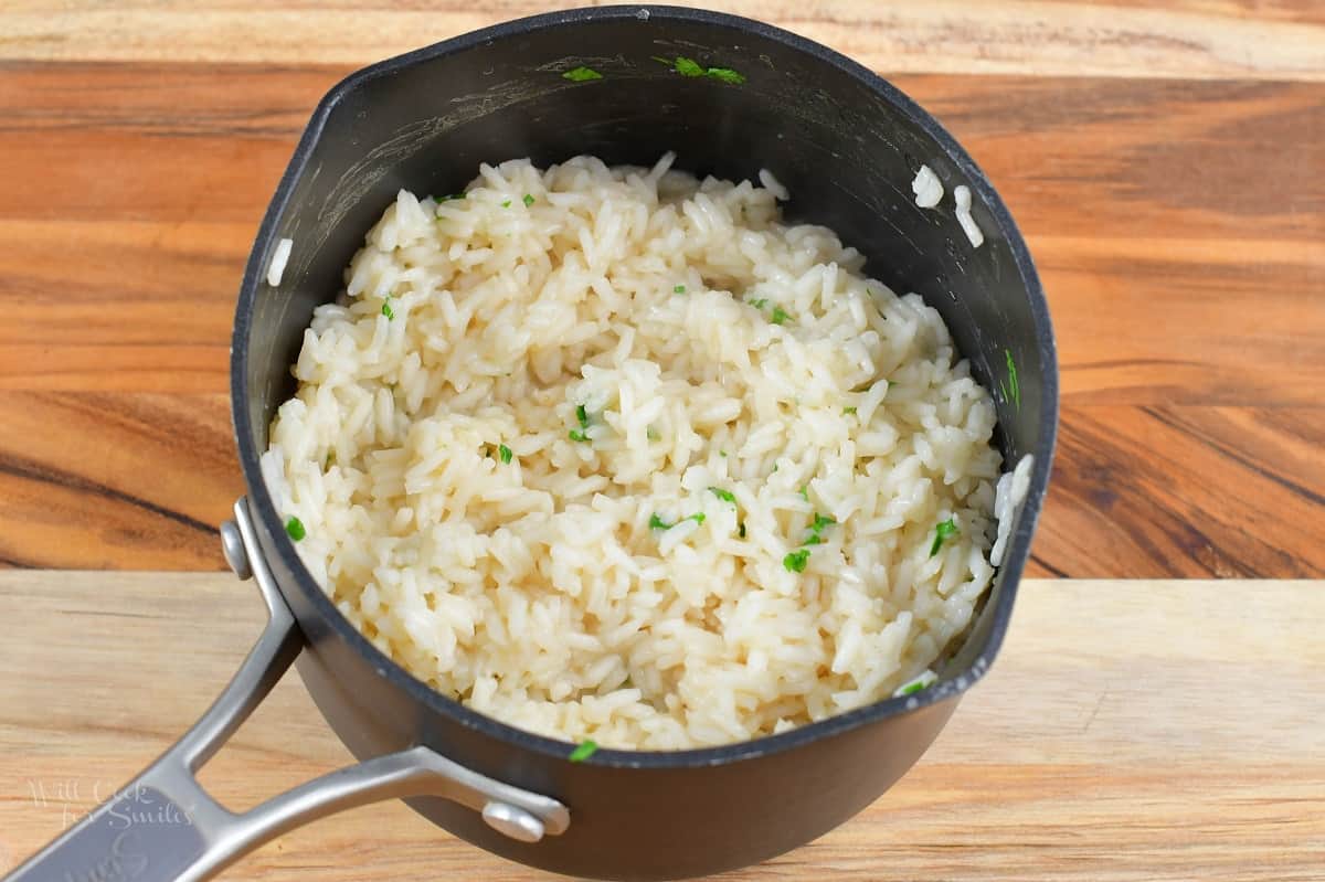 cooked cilantro rice in a pot