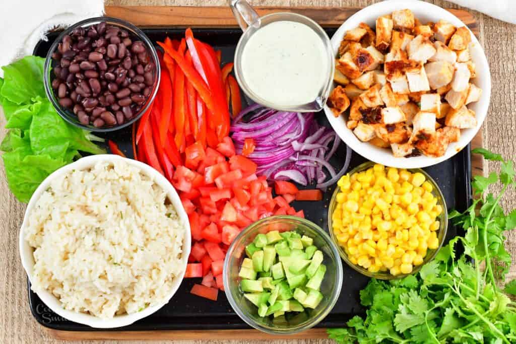 cooled and prepared ingredients for burrito bowl