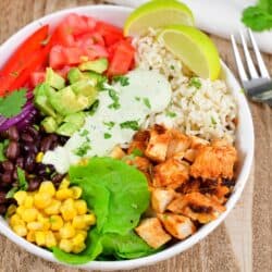 closeup of chicken burrito bowl in a white bowl