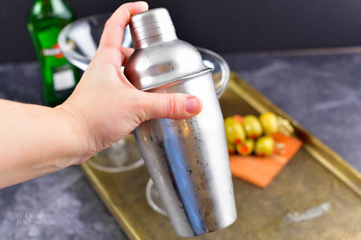 shaking martini in the silver cocktail shaker