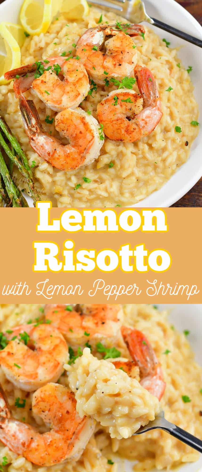 collage of two images of closeup shrimp and risotto and scooping