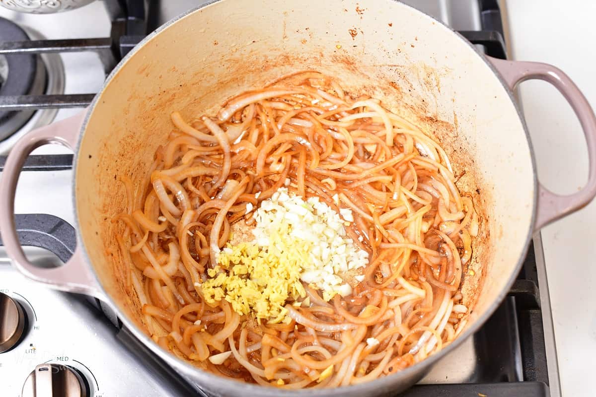 searing onions and added garlic and ginger