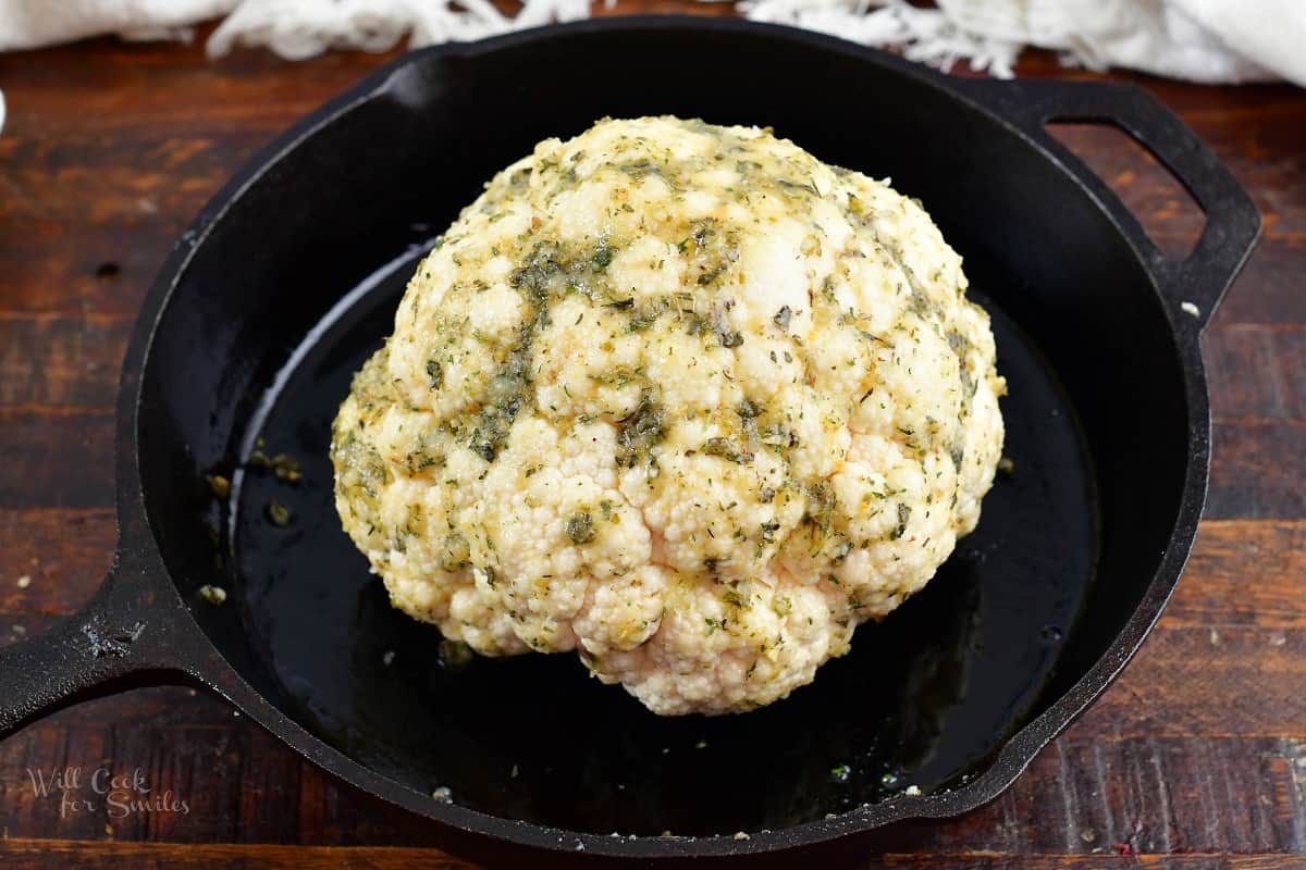 seasoned heat of cauliflower in a cast iron skillet