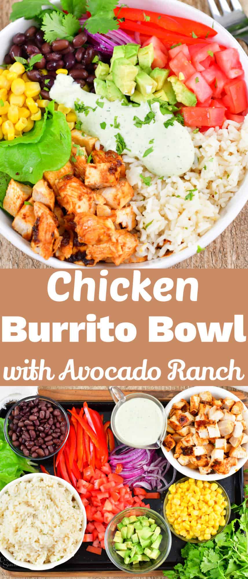 collage of chicken burrito bowl and ingredients for the bowl
