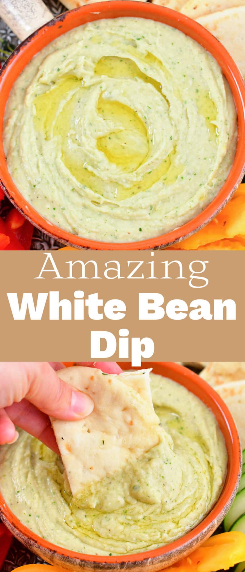 collage of two images of white bean dip up close