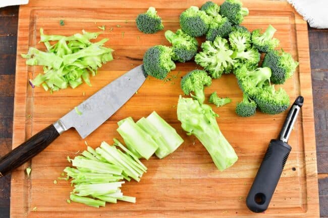 chopped and sliced broccoli stems and florets
