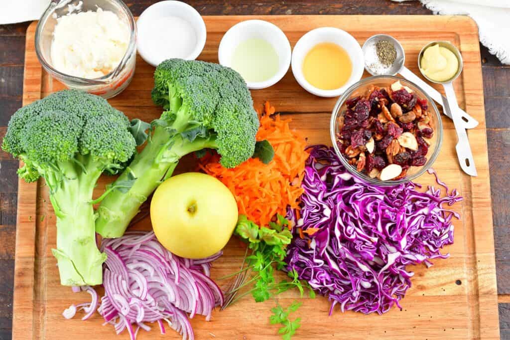 ingredients for broccoli slaw on the cutting board