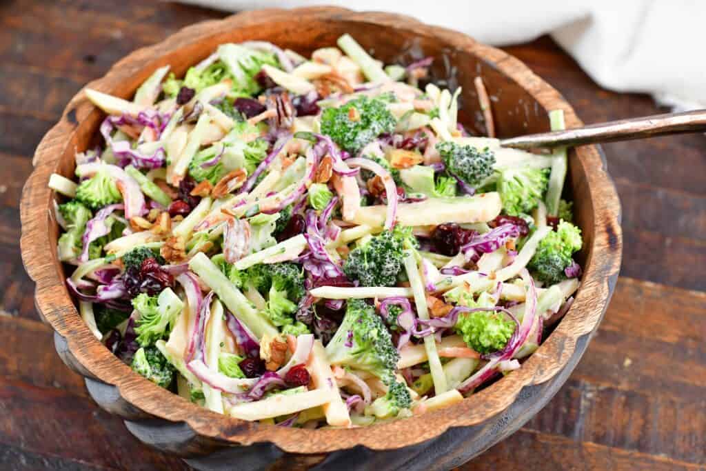 closeup of colorful broccoli slaw in a bowl