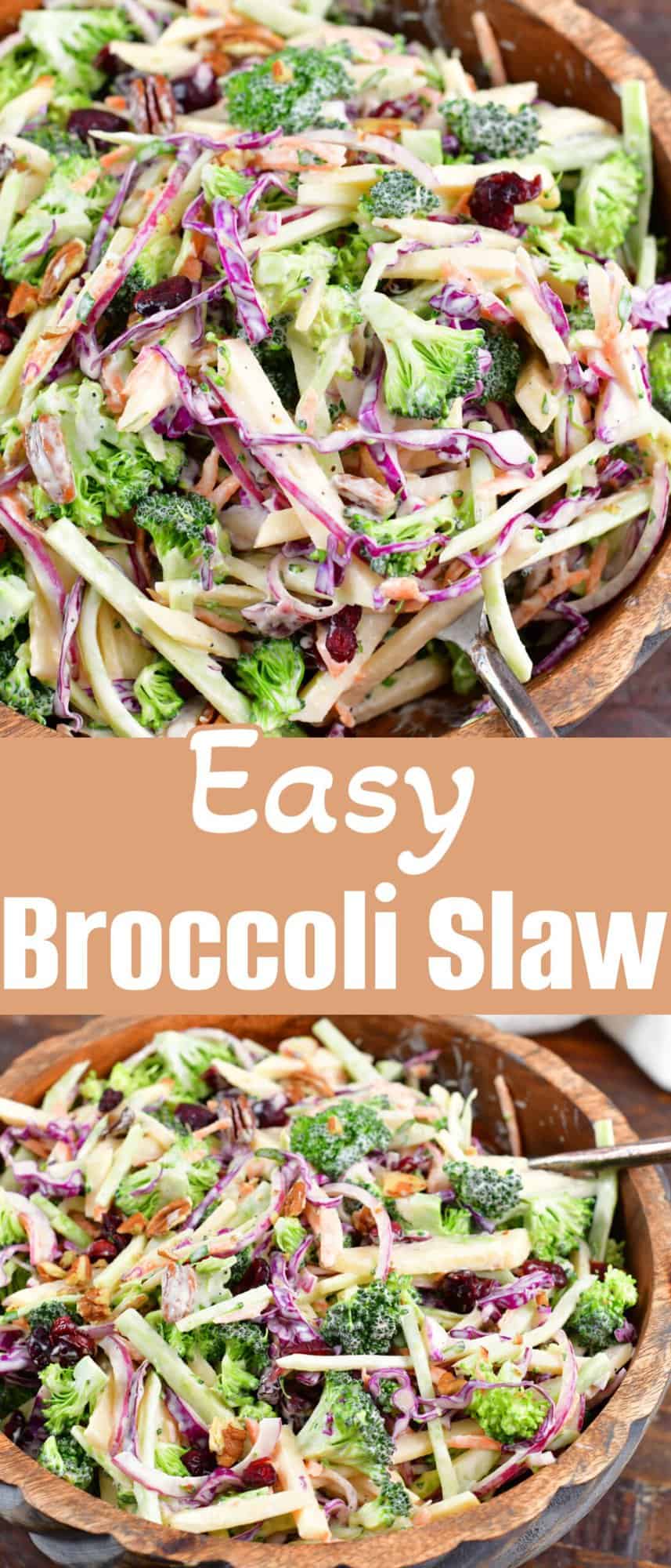 collage of two images of closeup broccoli slaw in a bowl