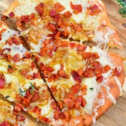 top view of sliced flatbread on the wood board