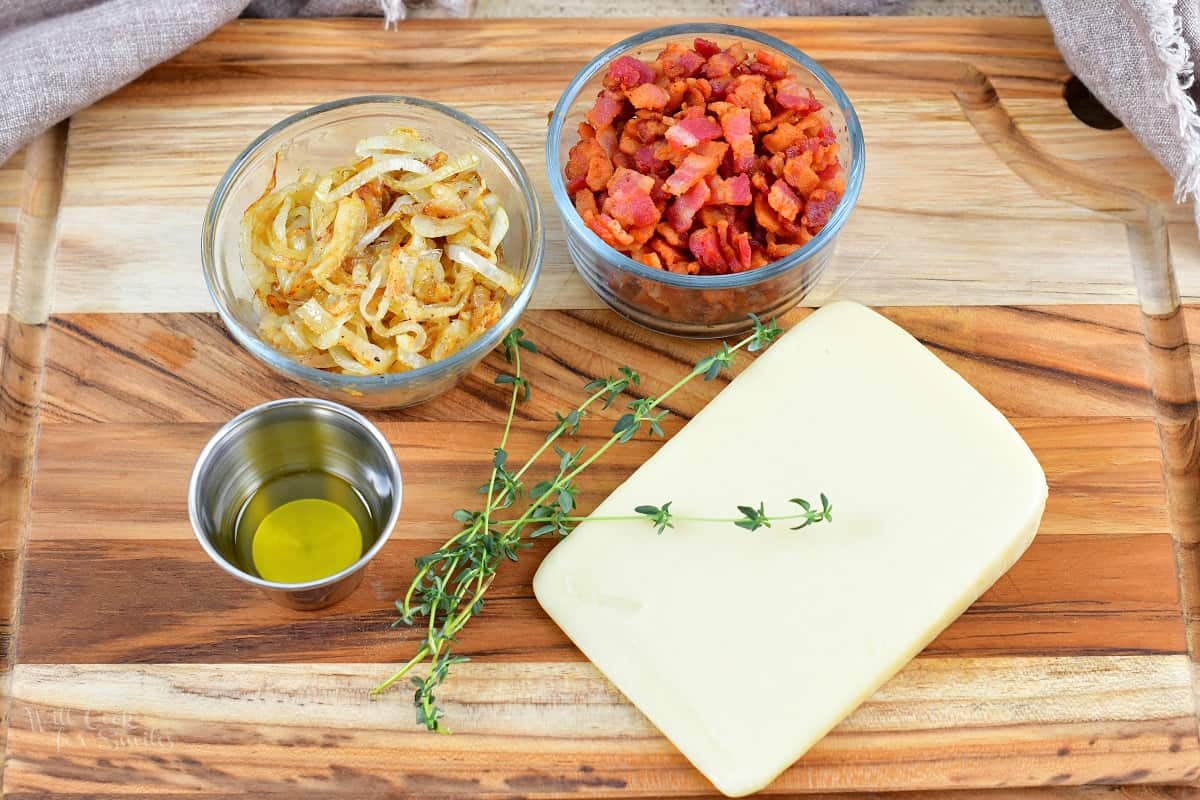 ingredients for the flatbread topping on the cutting board