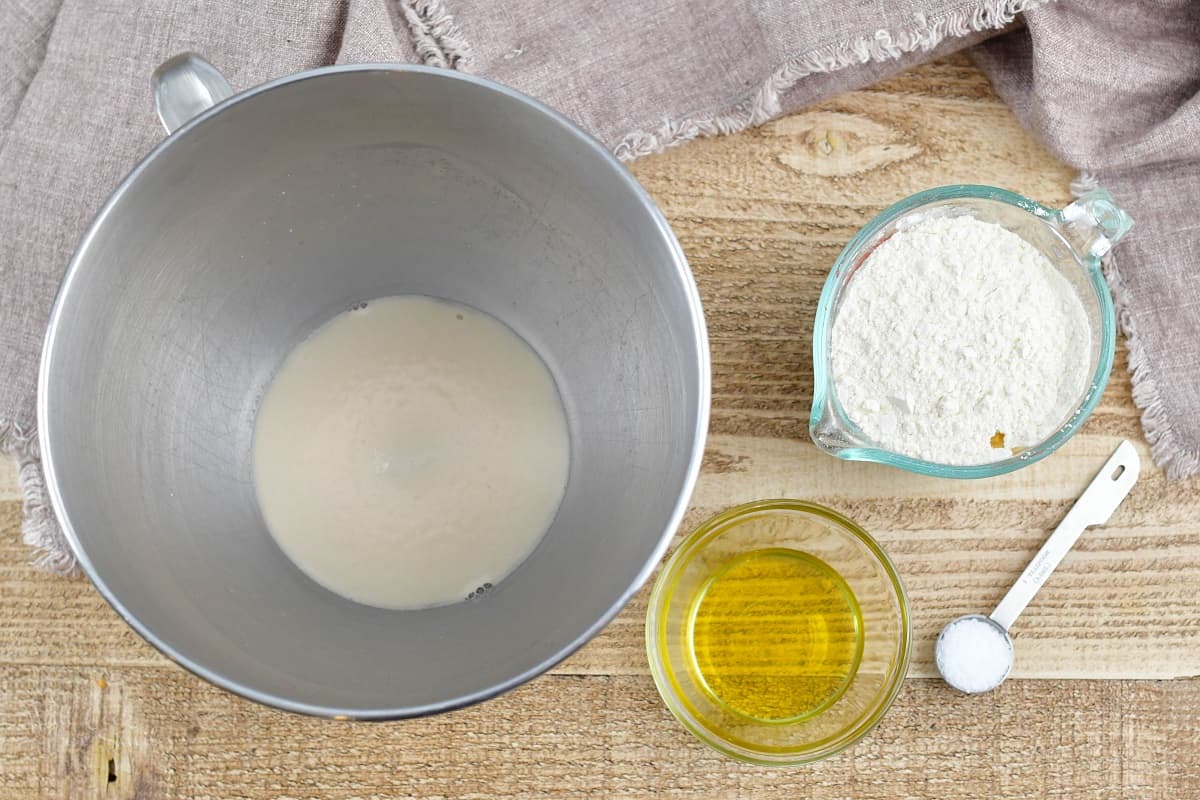 ingredients for flatbread dough on the board