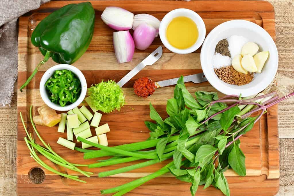 ingredients for green curry paste on the cutting board