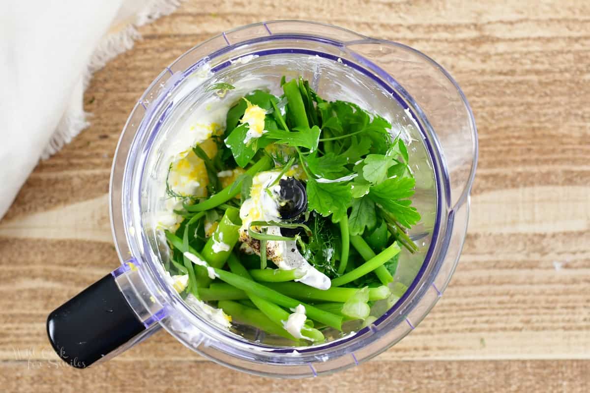 ingredients for green goddess dressing in the blender