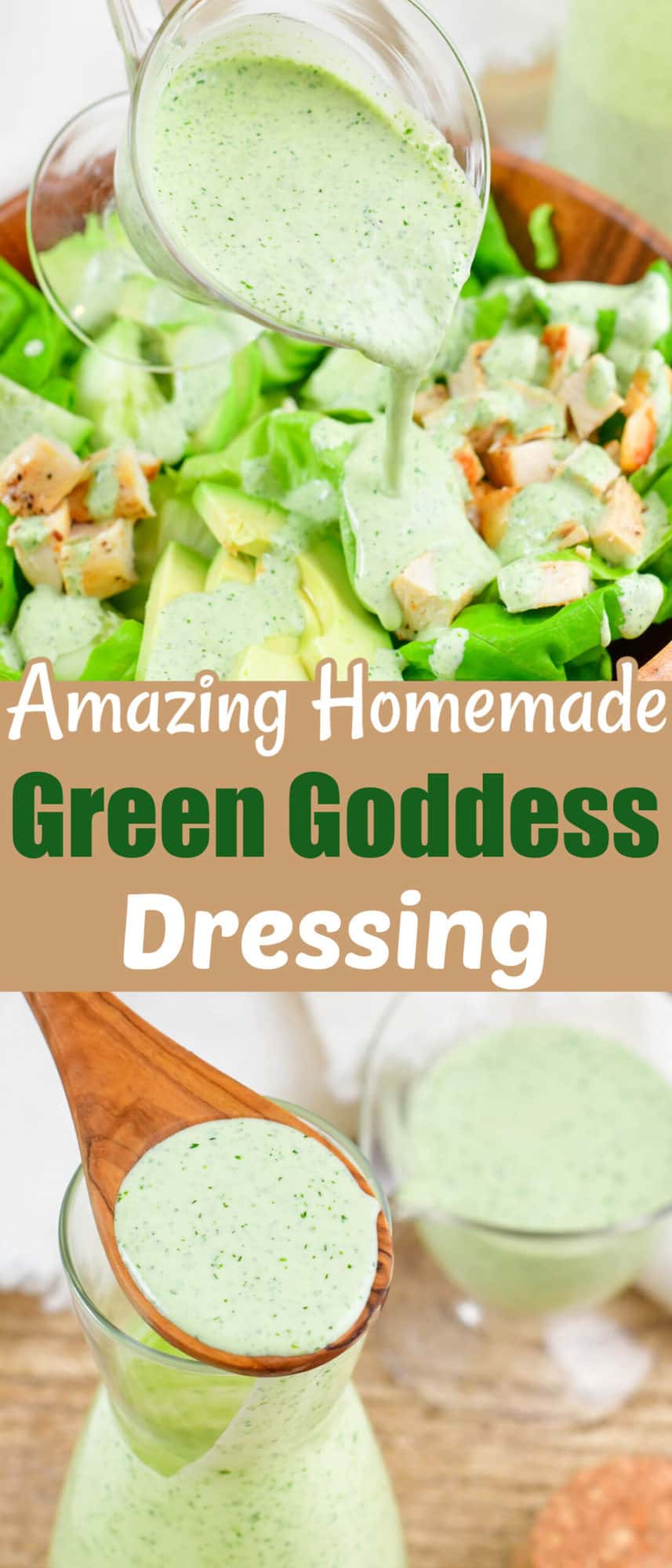 title collage of two closeup images of pouring the green dressing and scooping some out