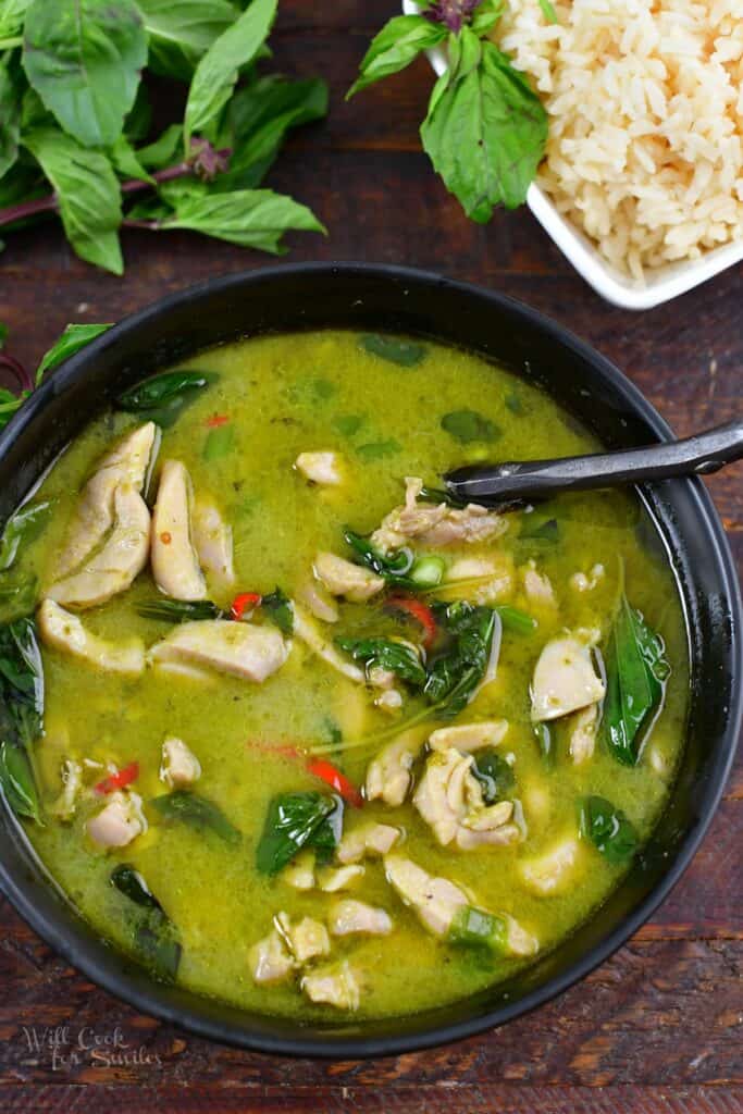 top view of Thai green curry in a bowl