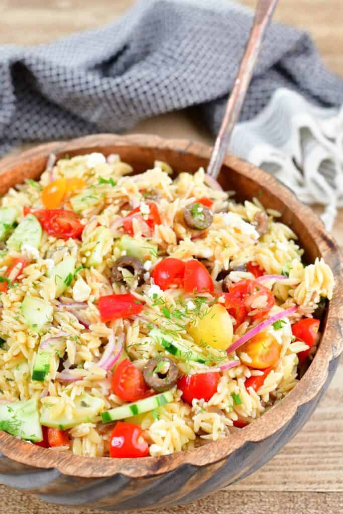 orzo salad with cucumbers, tomatoes, feta, olives and more