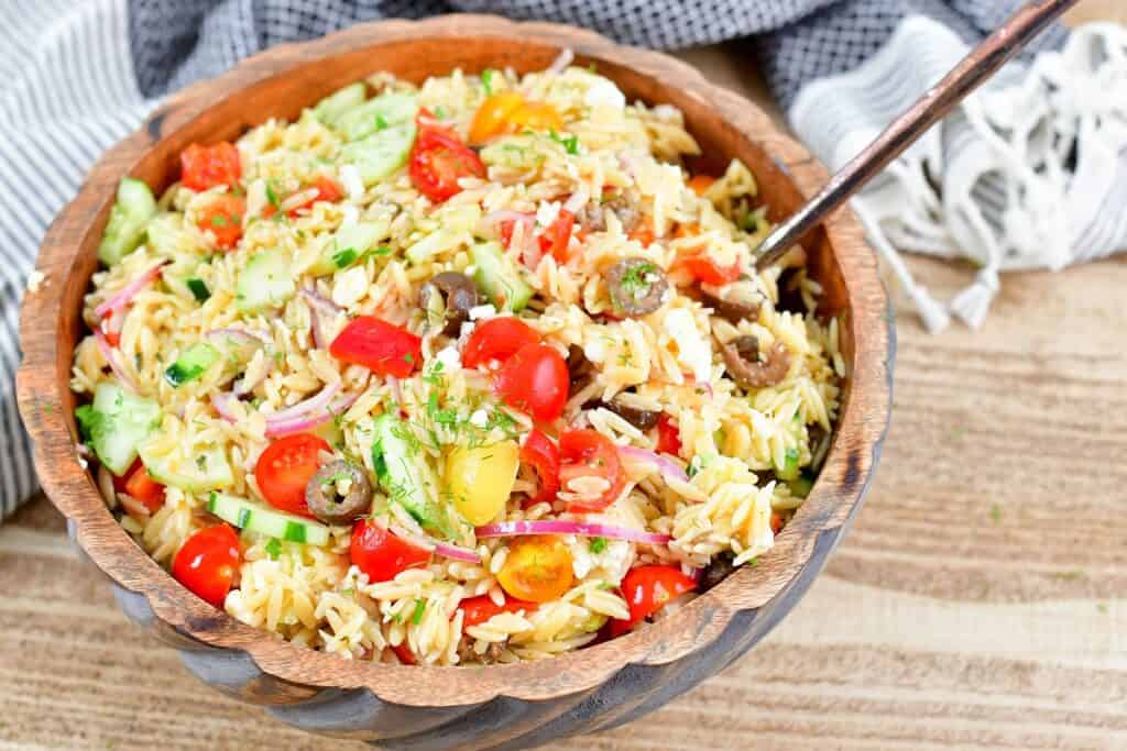 closeup of Mediterranean orzo salad in a bowl