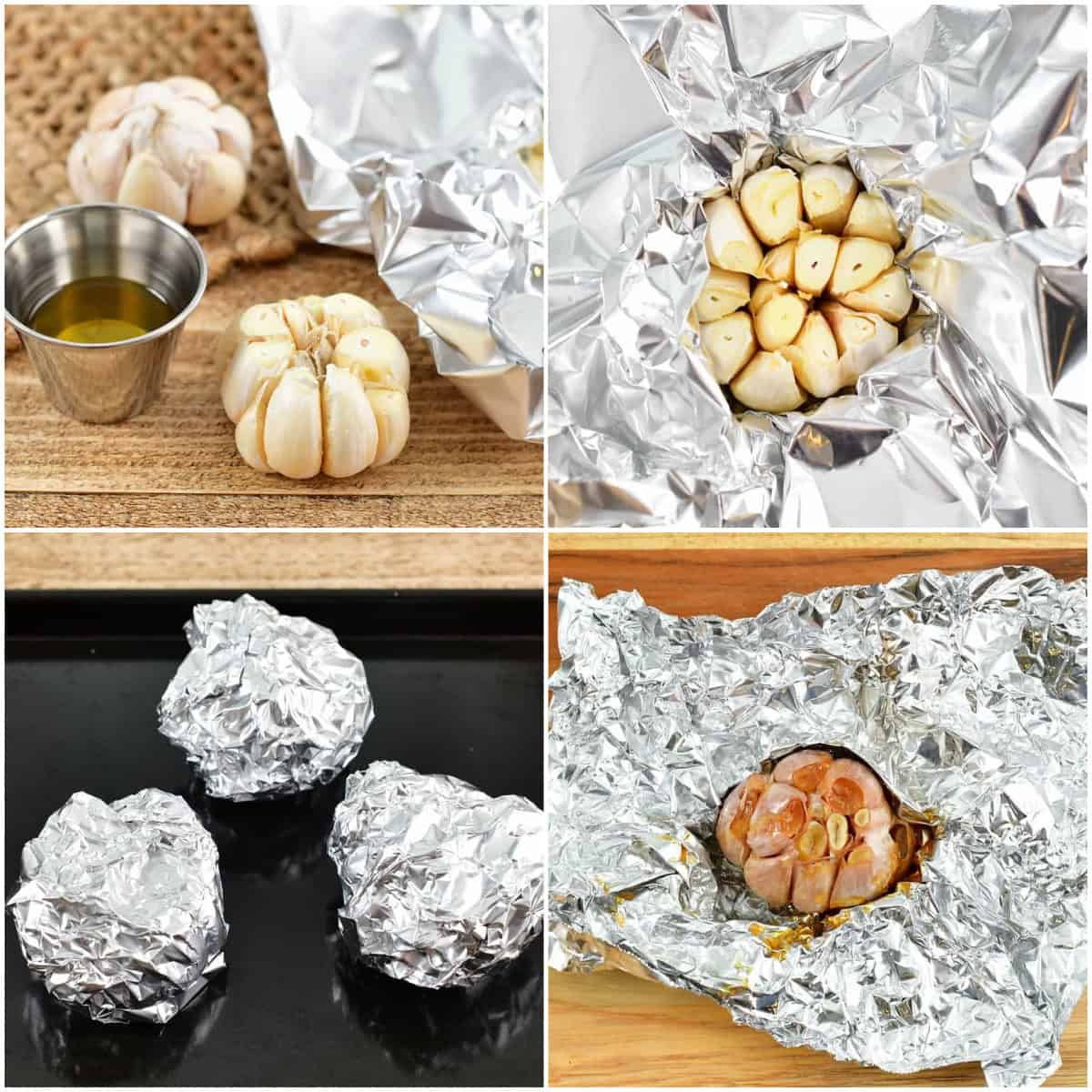 collage of four images of steps to make roasted garlic. 
