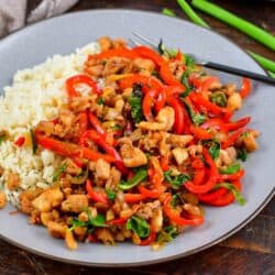 Thai basil chicken with rice and scallions next to it