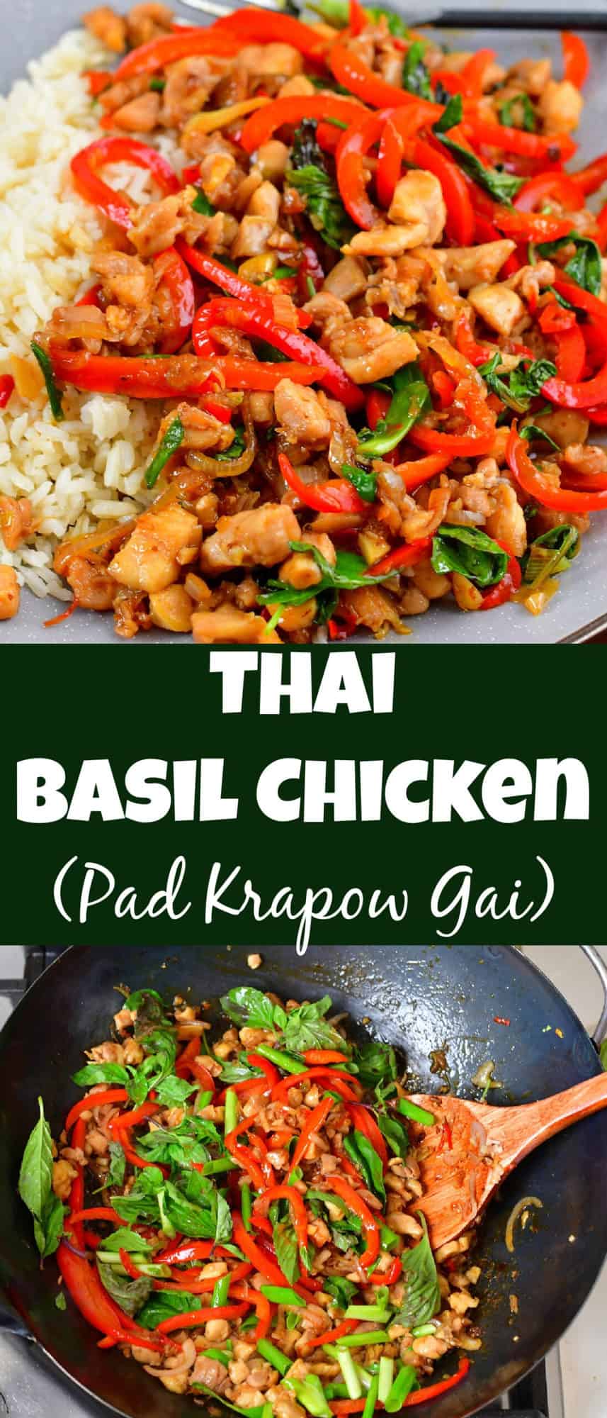 collage of two closeup images of cooked Basil chicken