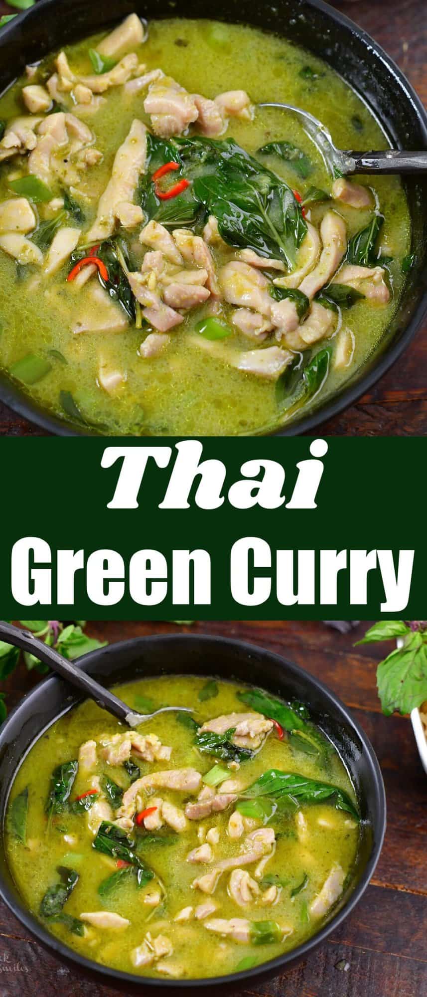 collage of two images of chicken green curry in a black bowl
