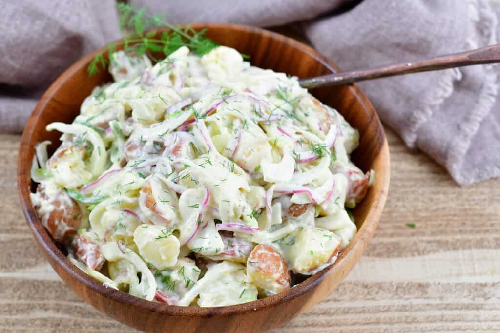 top view of the mixed fennel potato salad in a bowl