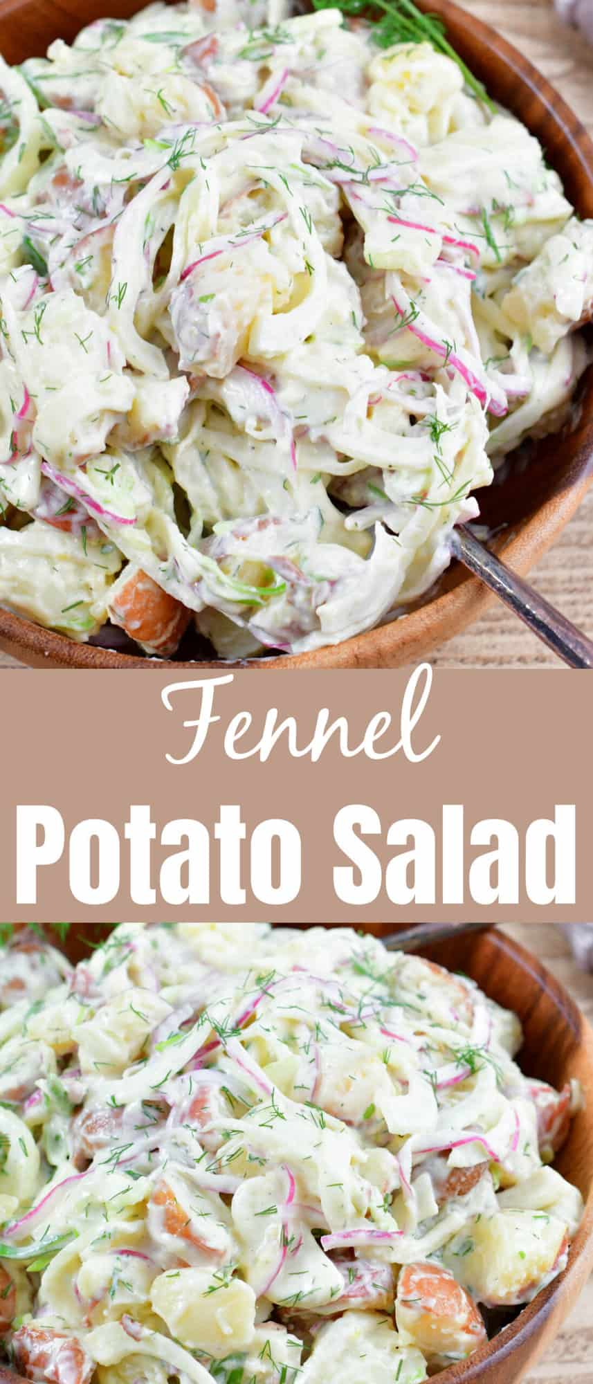 collage of two closeup images of potato salad with fennel