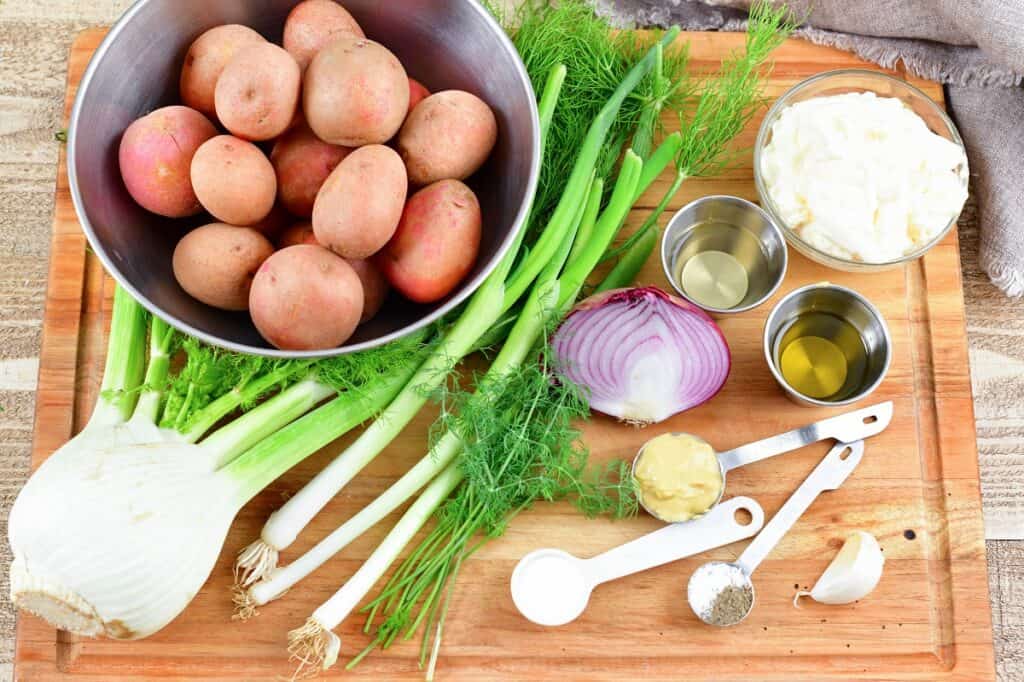ingredients for fennel potato salad on the cutting board
