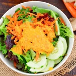 centered salad topped with ginger dressing
