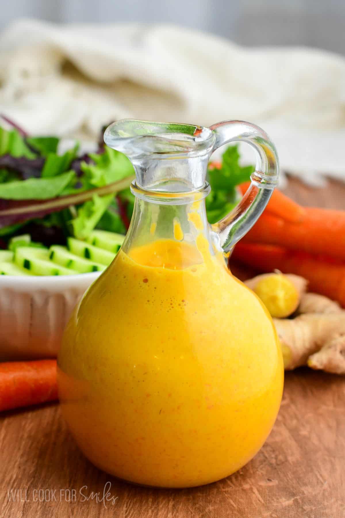 homemade Japanese restaurant ginger dressing in a glass dressing jar. 