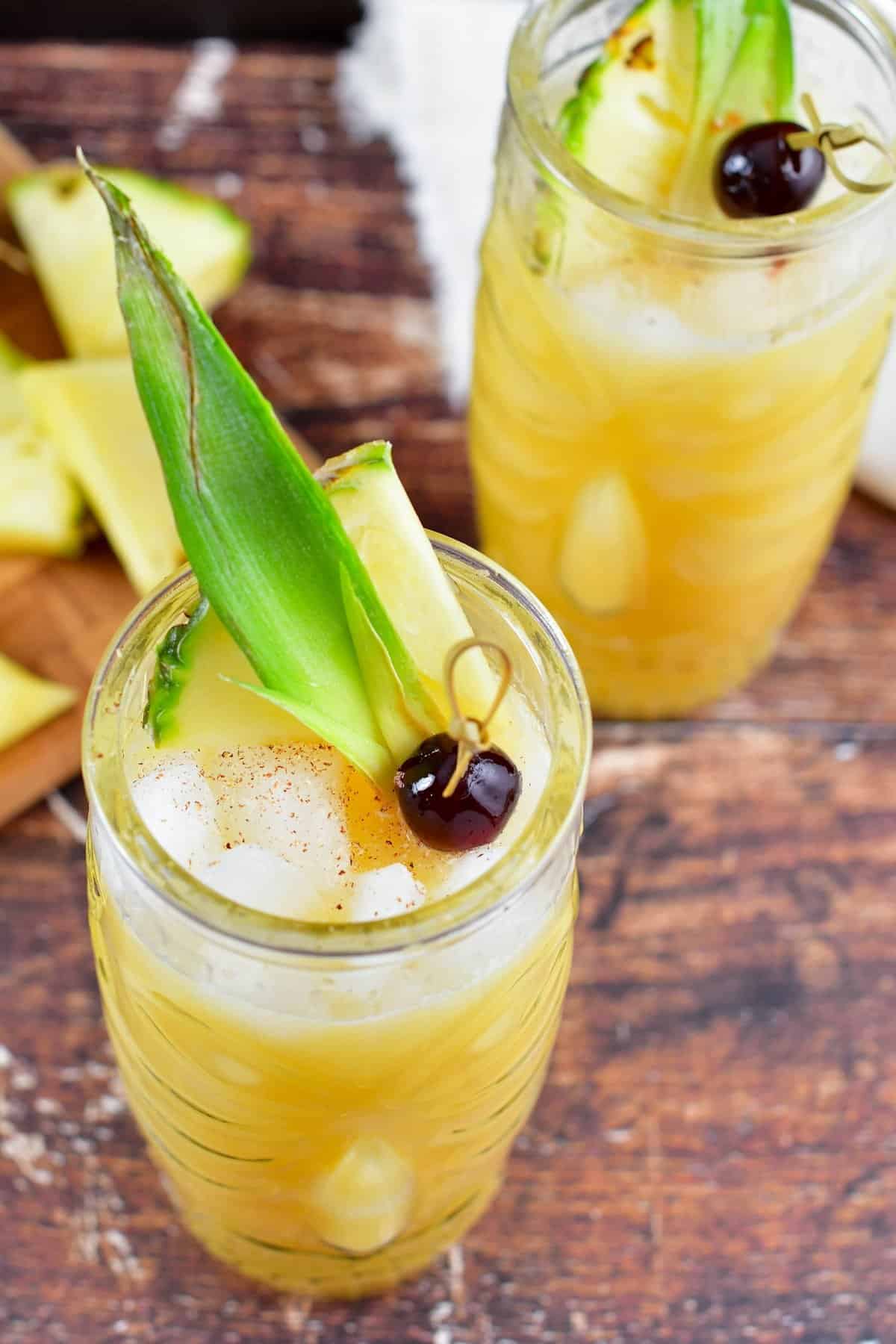 top view of the the painkiller cocktail in a tiki cocktail