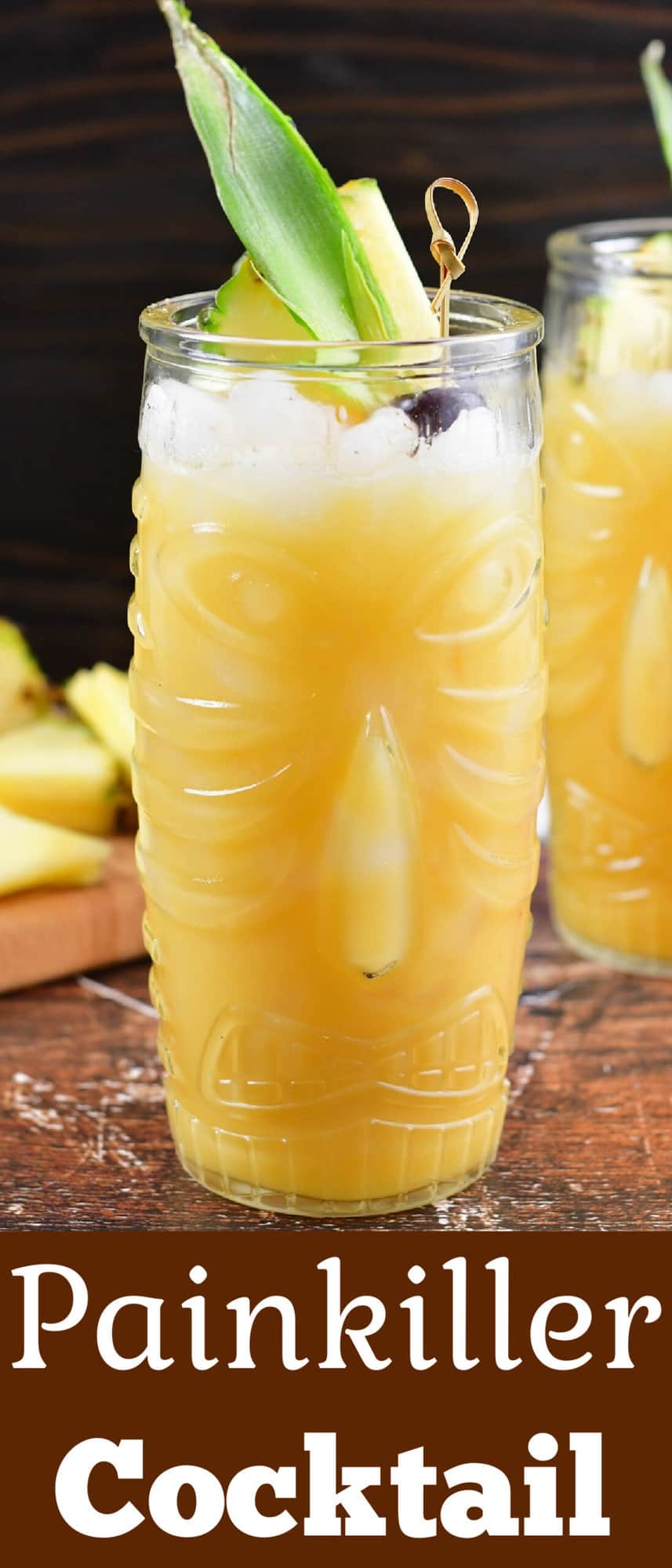 collase of closeup image of painkiller cocktail and title