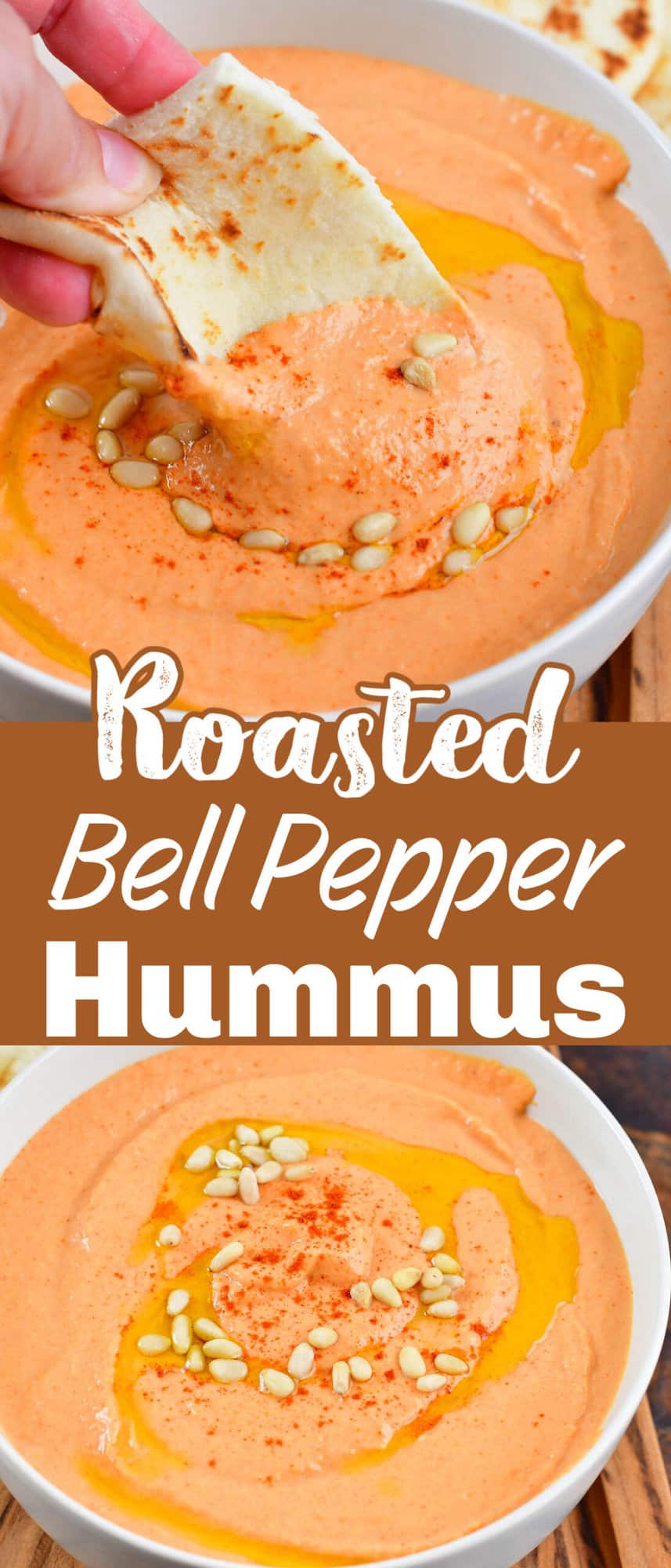 collage of two images of roasted pepper hummus up close