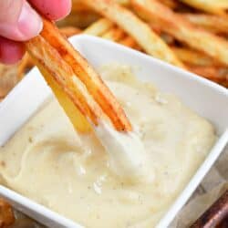 dipping fried into roasted garlic aioli