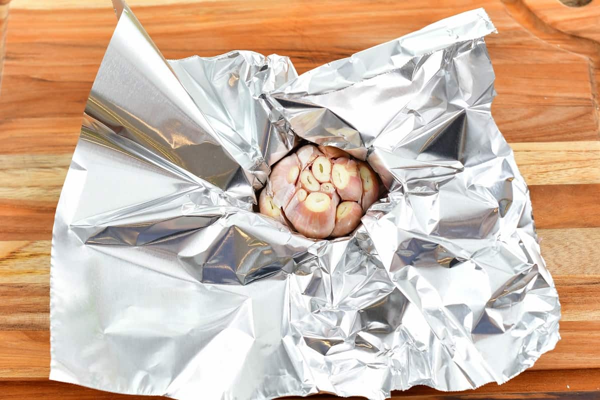 garlic bulb in aluminum foil